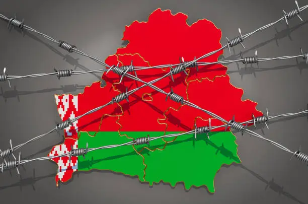 Map of Belarus with barbed wire, 3D rendering on grey background