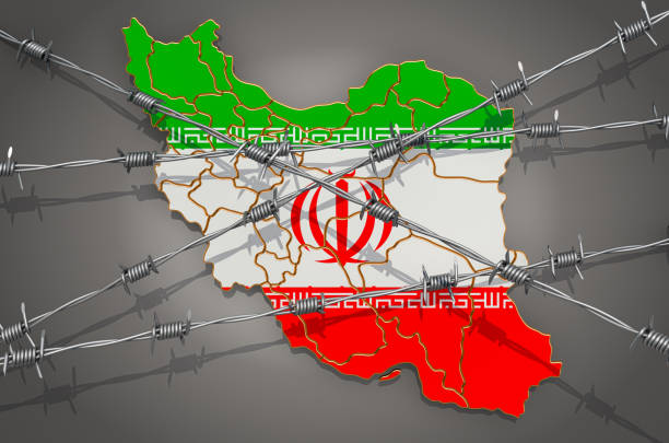 istock Map of Iran with barbed wire, 3D rendering on grey background 1204276035