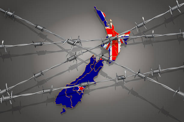 Map of New Zealand with barbed wire, 3D rendering on grey background