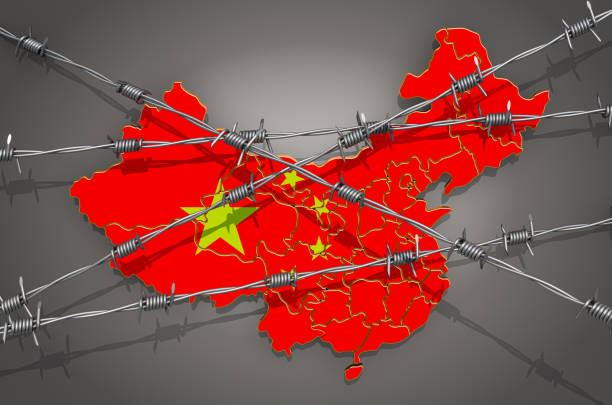 Map of China with barbed wire, 3D rendering on grey background