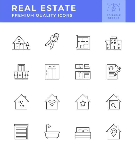 illustrazioni stock, clip art, cartoni animati e icone di tendenza di serie di icone della linea immobiliare - real estate vertical usa the americas