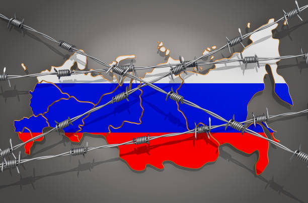 Map of Russia with barbed wire, 3D rendering on grey background