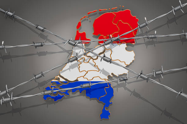 Map of the Netherlands with barbed wire, 3D rendering on grey background Map of the Netherlands with barbed wire, 3D rendering on grey background настой пчелиного подмора stock pictures, royalty-free photos & images