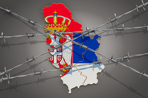 Map of Serbia with barbed wire, 3D rendering on grey background