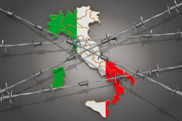 Map of Italy with barbed wire, 3D rendering on grey background