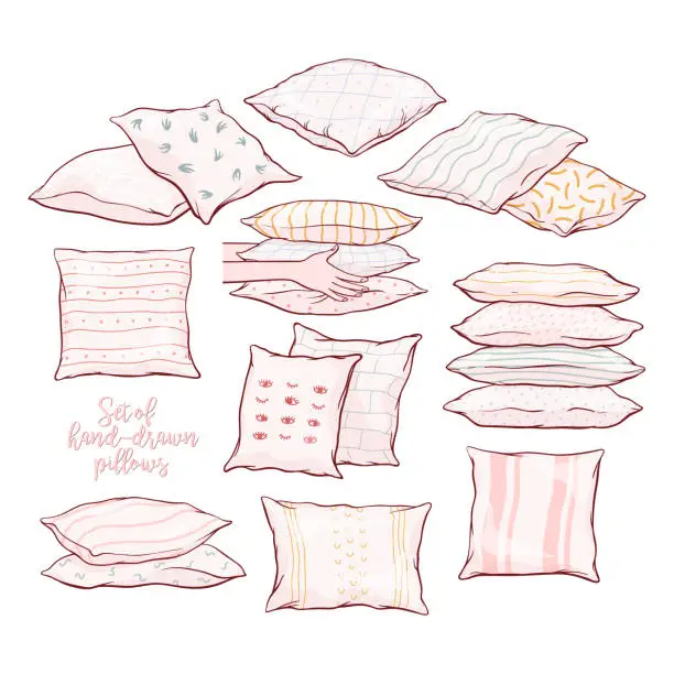 Vector illustration of Set of pillows - single, pairs, piles, standing, lying, front and side view with patterns, hand-drawn sketch, vector illustration isolated on white background. Set of hand-drawn, sketch style pillows