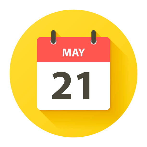 21 мая - круглый ежедневный кал�ендарь икона в плоском стиле дизайна - isolated isolated on yellow yellow background single object stock illustrations