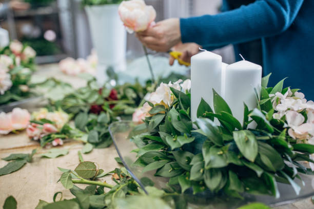 istock Woman arranging flower for wedding. 1204280420