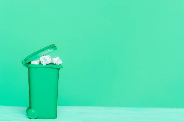 istock A green plastic garbage bin and paper on green background, great for recycling concepts and designs. 1204281903