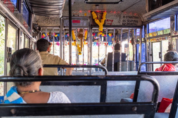 Interior of a traditional Indian city bus, Panaji, Goa, India stock photo