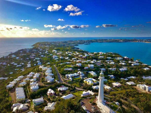 The drone aerial view of Bermuda island The drone aerial view of Bermuda island and the Gibbons lighthouse. atlantic islands photos stock pictures, royalty-free photos & images