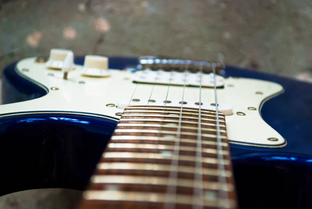 istock Blue and white electric guitar top view 1204285982