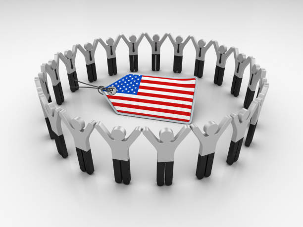 istock Pictogram Teamwork with USA FLAG Price Tag - 3D Rendering 1204286111