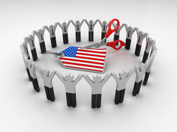 istock Pictogram Teamwork with USA FLAG Price Tag and Scissors - 3D Rendering 1204286756