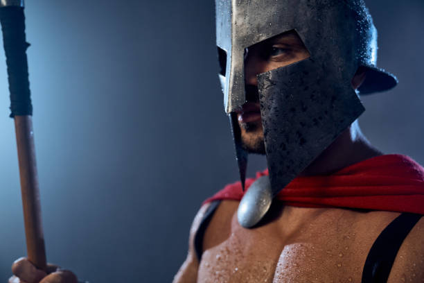 istock Spartan warrior in iron helmet. 1204288311