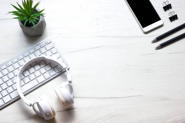 istock Office desk table with supplies. Flat lay Business workplace and objects. Top view. Copy space for text 1204289663