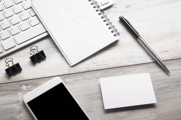 istock Office desk table with supplies. Flat lay Business workplace and objects. Top view. Copy space for text 1204289691
