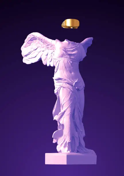 Photo of 3D Model Of Winged Victory With Golden VR Glasses On Purple Background