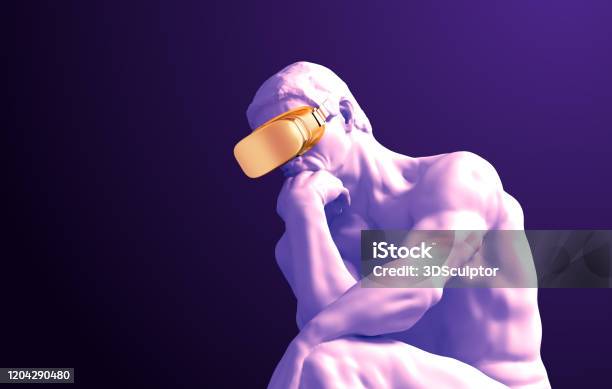 Sculpture Thinker With Golden Vr Glasses On Purple Background - Fotografias de stock e mais imagens de Arte