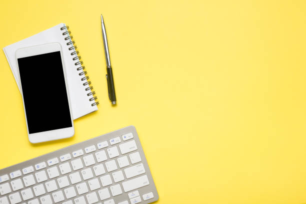 istock Office desk table with supplies. Flat lay Business workplace and objects. Top view. Copy space for text 1204290551