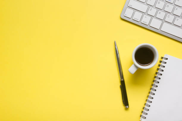 istock Office desk table with supplies. Flat lay Business workplace and objects. Top view. Copy space for text 1204290583