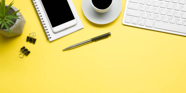 istock Office desk table with supplies. Flat lay Business workplace and objects. Top view. Copy space for text 1204290907