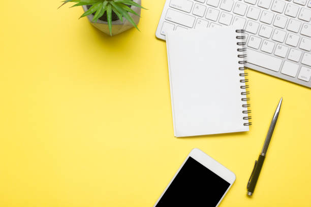 istock Office desk table with supplies. Flat lay Business workplace and objects. Top view. Copy space for text 1204291192