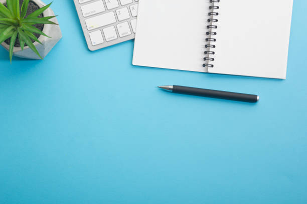 istock Office desk table with supplies. Flat lay Business workplace and objects. Top view. Copy space for text 1204291838