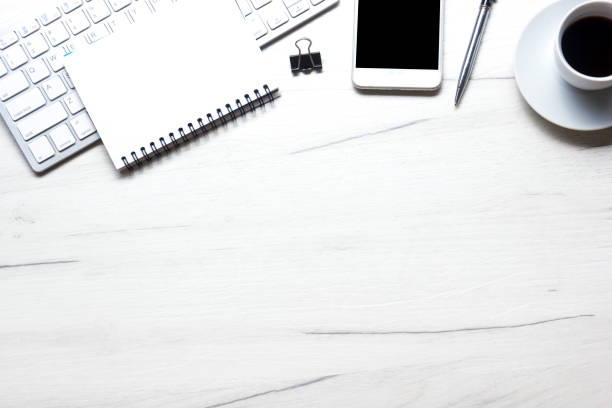 istock Office desk table with supplies. Flat lay Business workplace and objects. Top view. Copy space for text 1204291849