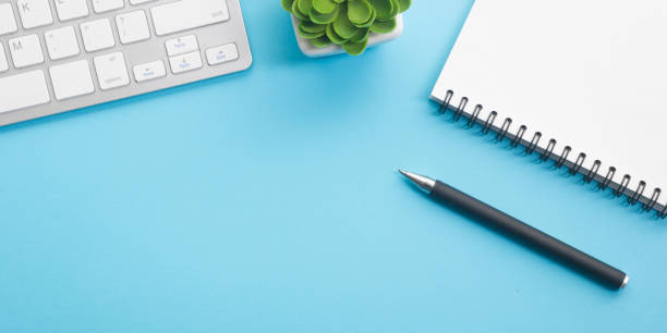 Office desk table with supplies. Flat lay Business workplace and objects. Top view. Copy space for text