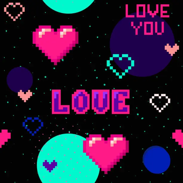 Vector illustration of Valentines day seamless pattern with hearts, word Love. Pixel art. 90s style