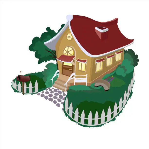 Vector illustration of A beautiful little house. Illustration of a small cozy house with a courtyard filled with greenery