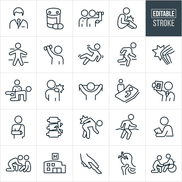 Orthopedics and Rehabilitation Thin Line Icons - Editable Stroke A set of orthopedics and rehabilitation icons that include editable strokes or outlines using the EPS vector file. The icons include an orthopedist, prescription medicine, rehabilitation, physical therapist, injured person with hurt knee, person falling, the human body, human knee, human hip, back pain, patient in hospital bed, doctor viewing x-ray, person with broken arm, fractured bones, person with hurt shoulder, medical check-up, hospital, surgery, fractured hip and a person in a wheelchair to name a few. physical therapy stock illustrations