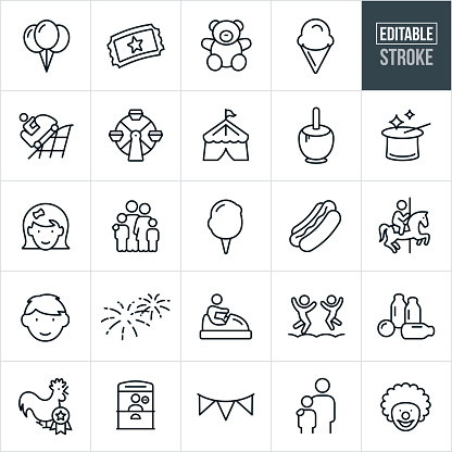 A set of fun fair icons that include editable strokes or outlines using the EPS vector file. The icons include balloons, carnival ticket, teddy bear, ice cream cone, amusement park ride, ferris wheel, circus tent, Carmel apple, magicians hat, little girl, little boy, family, cotton candy, hotdog, carousel, fireworks, bumper cars, bounce house, fair games, ticket booth, clown and other related icons.