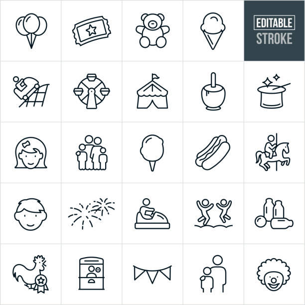 Fun Fair Thin Line Icons - Editable Stroke A set of fun fair icons that include editable strokes or outlines using the EPS vector file. The icons include balloons, carnival ticket, teddy bear, ice cream cone, amusement park ride, ferris wheel, circus tent, Carmel apple, magicians hat, little girl, little boy, family, cotton candy, hotdog, carousel, fireworks, bumper cars, bounce house, fair games, ticket booth, clown and other related icons. carnival stock illustrations