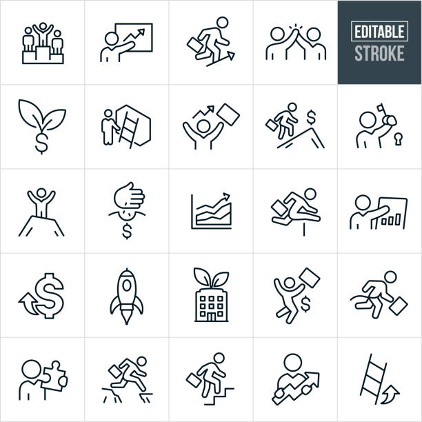 Business Growth Thin Line Icons - Editable Stroke A set of business growth icons that include editable strokes or outlines using the EPS vector file. The icons include business person on top of winners podium, businessman pointing to graph going upwards, business person moving up, two business people giving each other a high five, dollar sign with a plant, businessman climbing mountain of success, businessman with key to lock, business person at summit of mountain, hand planting seeds to grow money, line graph pointing upwards, business person jumping a hurdle, money growth, rocket ship, business growth, businessman winning race, businessman holding puzzle piece, business person jumping cliff gap, business person climbing stairs, business person holding an upwards arrow and a ladder and arrow pointing upwards. prosperity stock illustrations