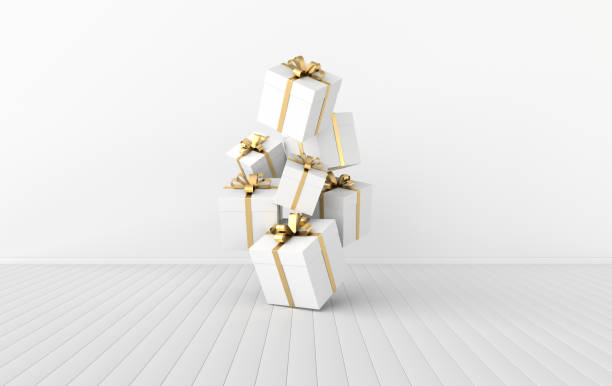 istock 3d rendering of realistic white gift box with golden ribbon bow on white background. Empty space for party, promotion social media banners, posters. 1204297803