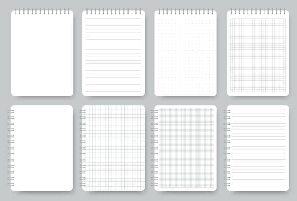 ilustrações, clipart, desenhos animados e ícones de conjunto de páginas de notebook, bloco de notas forrado e papel de ponto. textura forrada de papel de notas. vetor - lined paper