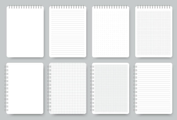 Notebook page set, notepad lined and dots paper. Lined notepaper texture. Vector Notebook page set, notepad lined and dots paper. Blank realistic spiral notebooks isolated on gray background. Scrapbook empty sheet. Lined notepaper texture. Copybook office worksheet. Vector ruled paper stock illustrations