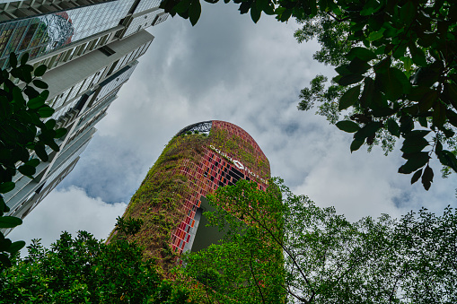 Singapore, January 2020.   The Oasia Hotel Downtown building covered with tropical vegetation designed by Woha Studio, a Singapore-based architectural firm.