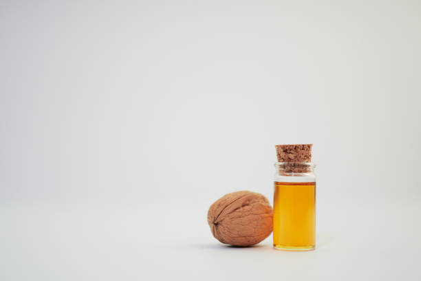 A walnut (Juglans Regia) and a sample of walnut oil in a glass bottle on a white background