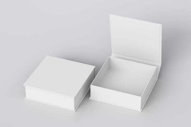 Blank flat square gift box with hinged flap lid Blank white flat square gift box with open and closed hinged flap lid on white background. Clipping path around box mock up. 3d illustration present box stock pictures, royalty-free photos & images