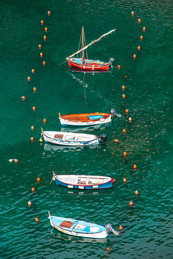 Vibrant blue water and buoys surround the boats