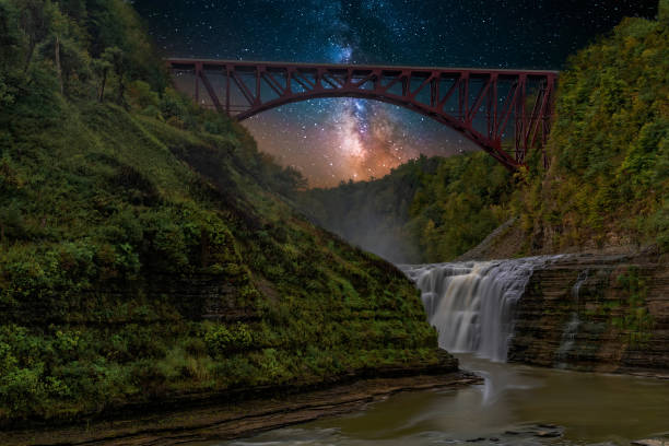 Milky Way At Letchworth State Park In New York Milky Way Over The Genesee Arch Bridge And Upper Falls At Letchworth State Park In New York letchworth state park stock pictures, royalty-free photos & images