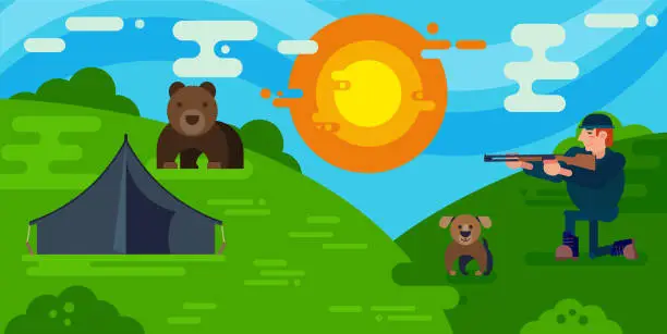 Vector illustration of Bear hunting vector illustration. Hunter with dog and bear carto