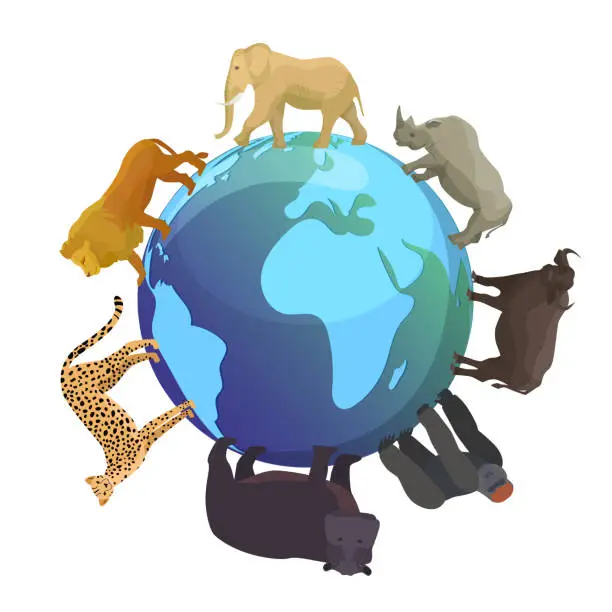 Vector illustration of Wild animals around globe banner vector illustration. World wild