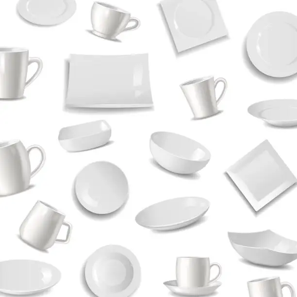 Vector illustration of Kitchen tableware items pattern, vector illustration. Ceramic ut