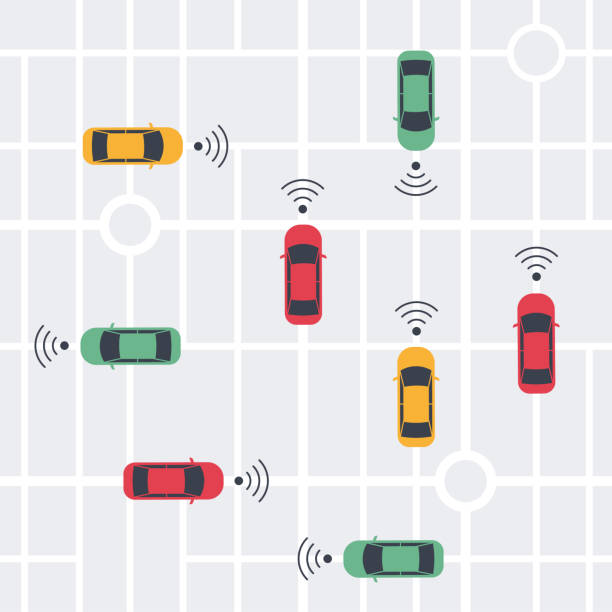 Driverless smart Car, autonomous vehicle, auto with autopilot with wireless waves and city map background. Top view. Vector illustration Driverless smart Car, autonomous vehicle, auto with autopilot with wireless waves and city map background. Top view. Vector illustration in flat style uber driver stock illustrations