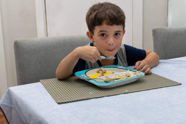 6 세 어린이저녁 식사 (수제 햄버거, 쌀, 콩)를 가지고 카메라를 보고있습니다. - eating cereal student human mouth 뉴스 사진 이미지