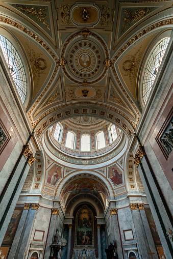 Interior of the Esztergom Basilica in Esztergom, Hungary, the mother church of the Archdiocese of Esztergom-Budapest, and the seat of the Catholic Church.